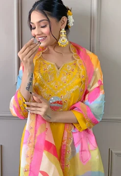 Embroidered Viscose Silk Pakistani Suit in Mustard