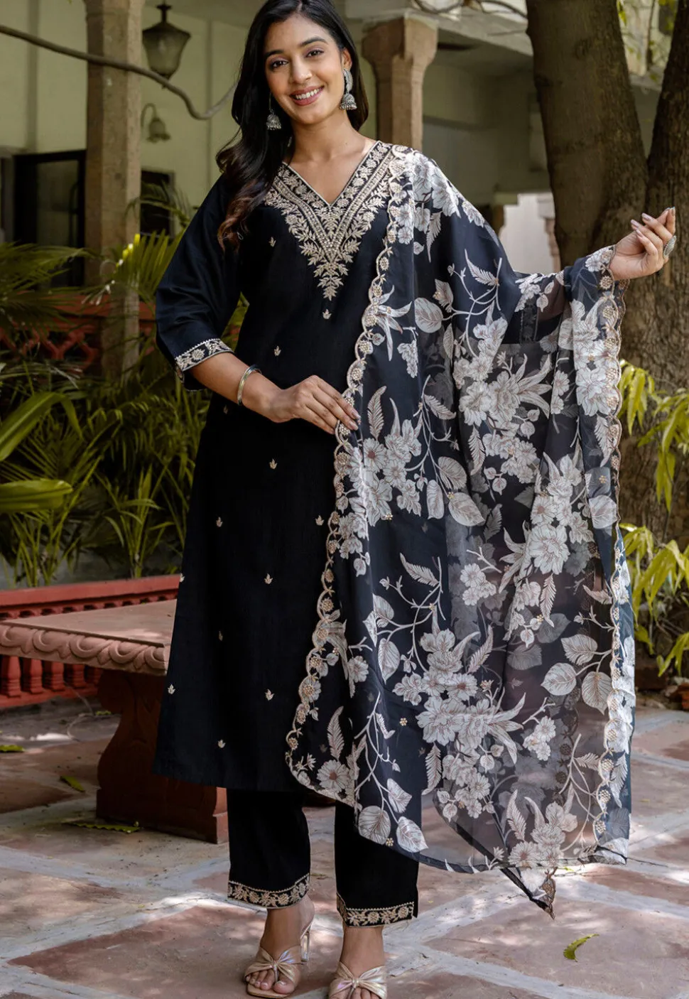 Embroidered Viscose Silk Pakistani Suit in Black