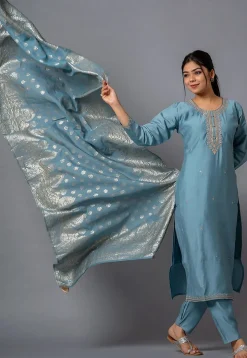 Embroidered Viscose Silk Pakistani Suit in Dusty Blue