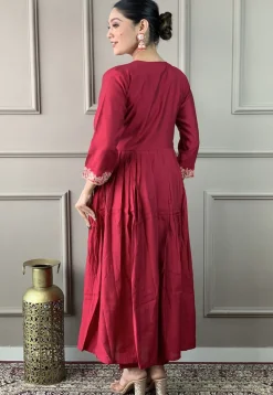 Embroidered Viscose Silk A Line Suit in Maroon