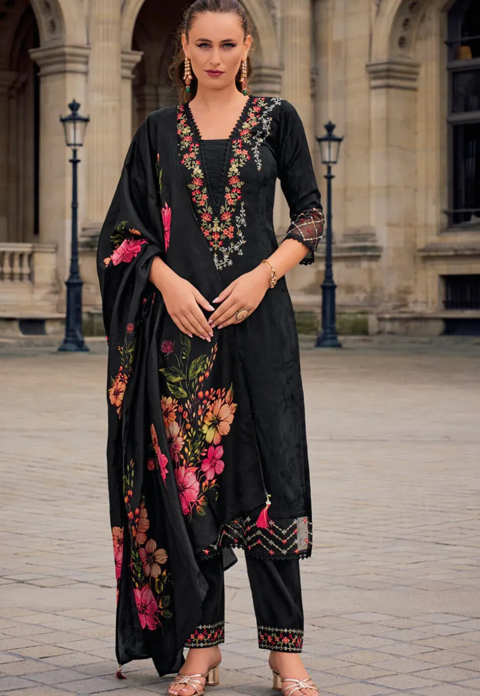 Embroidered Viscose Silk Jacquard Pakistani Suit in Black