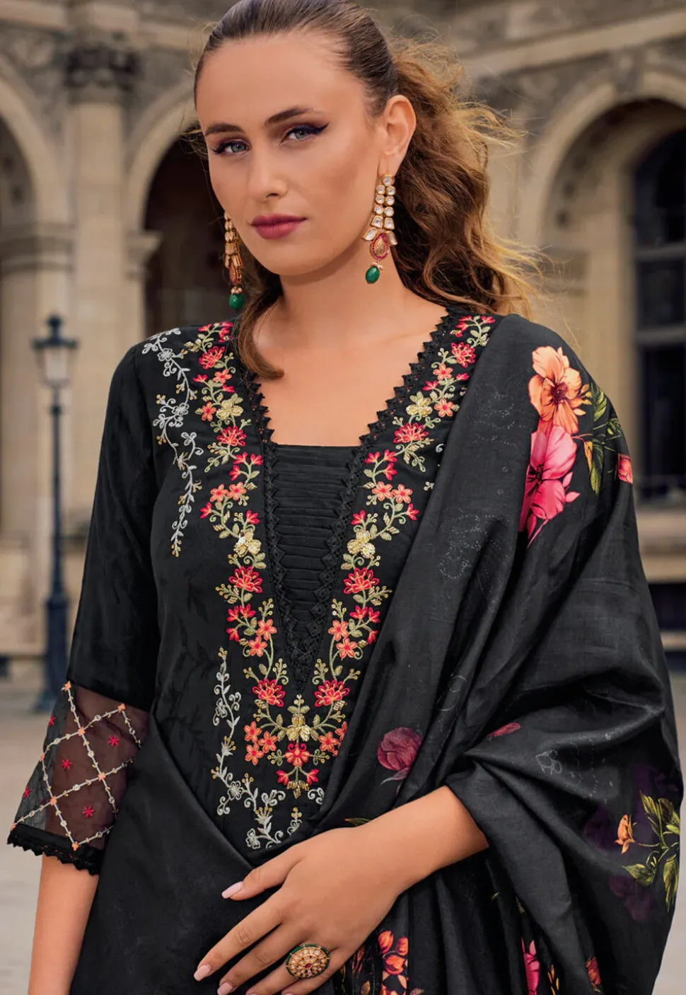 Embroidered Viscose Silk Jacquard Pakistani Suit in Black
