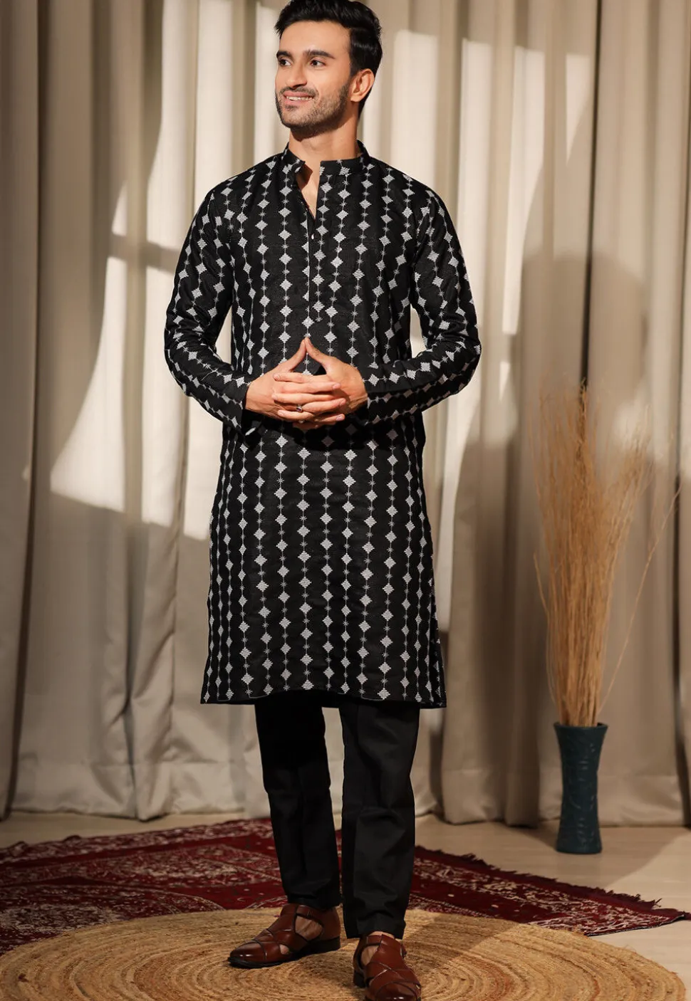 Embroidered Viscose Silk Kurta Set in Black
