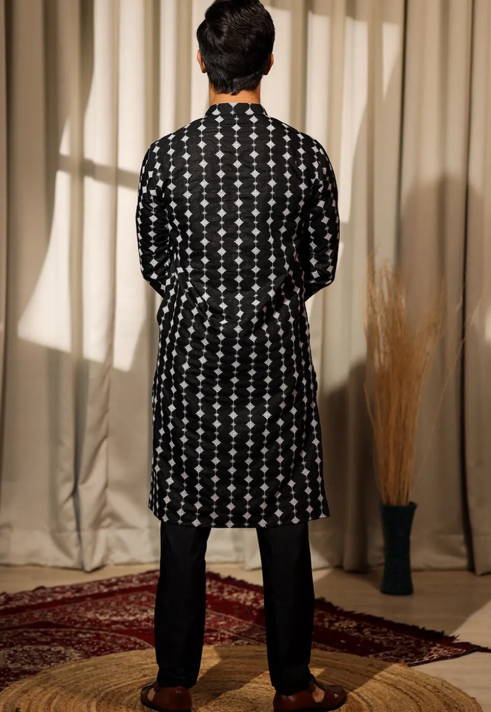 Embroidered Viscose Silk Kurta Set in Black