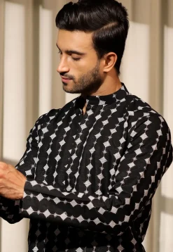Embroidered Viscose Silk Kurta Set in Black