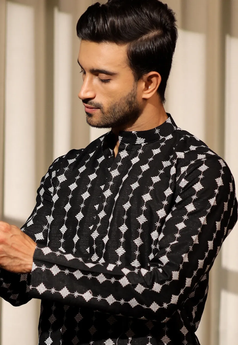 Embroidered Viscose Silk Kurta Set in Black