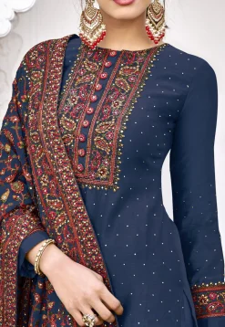 Embroidered Viscose Silk Pakistani Suit in Teal Blue