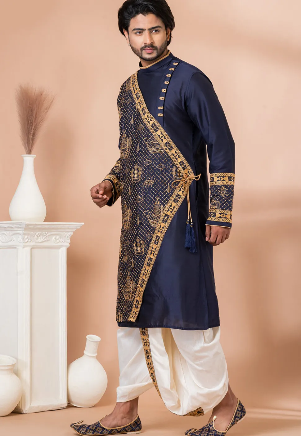 Embroidered Viscose Silk Angrakha Kurta Set in Navy Blue