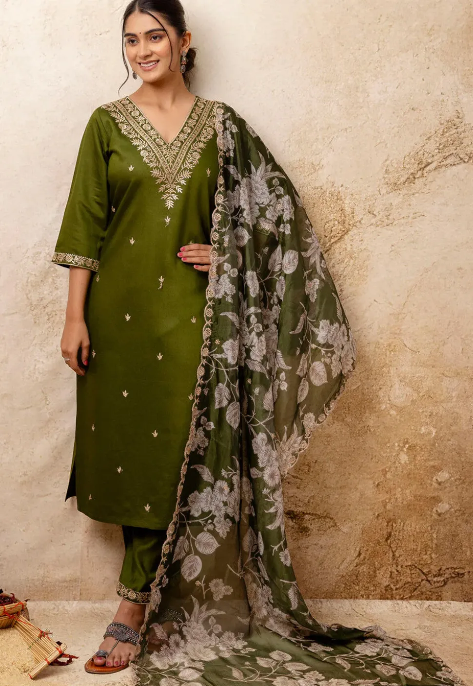 Embroidered Viscose Silk Pakistani Suit in Olive Green