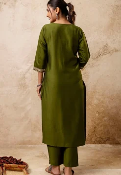 Embroidered Viscose Silk Pakistani Suit in Olive Green