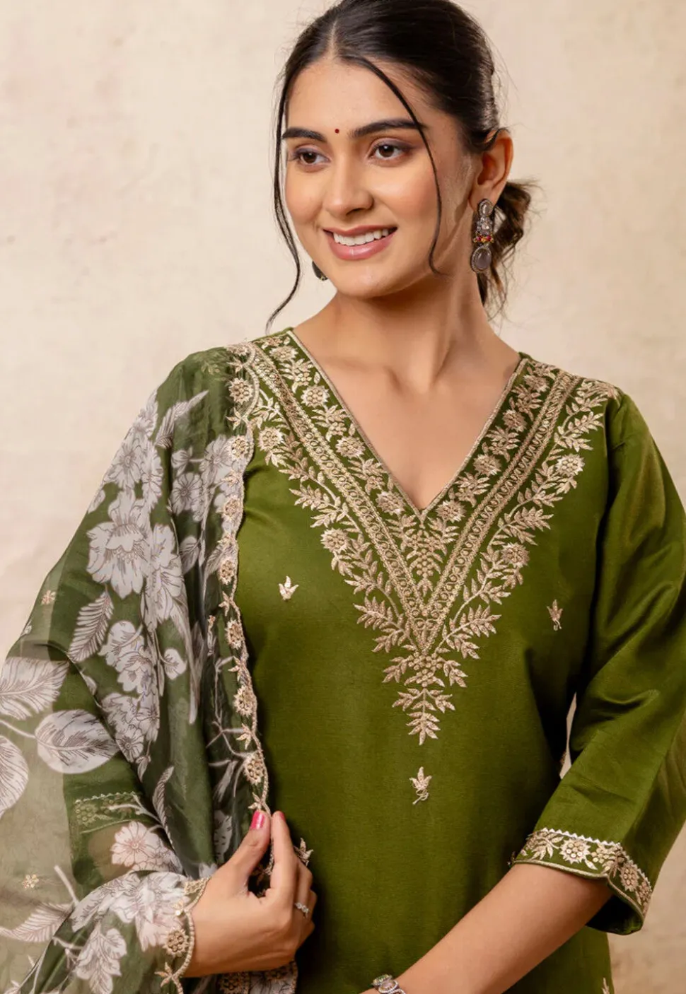 Embroidered Viscose Silk Pakistani Suit in Olive Green