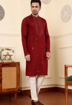 Embroidered Viscose Silk Kurta in Maroon
