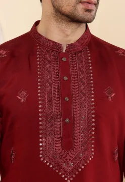 Embroidered Viscose Silk Kurta in Maroon
