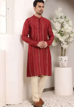 Embroidered Viscose Silk Kurta Set in Red