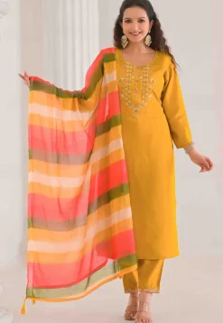 Embroidered Viscose Silk Pakistani Suit in Mustard