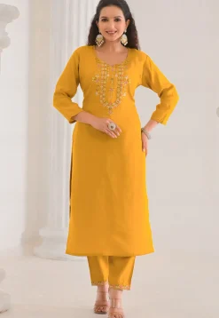 Embroidered Viscose Silk Pakistani Suit in Mustard