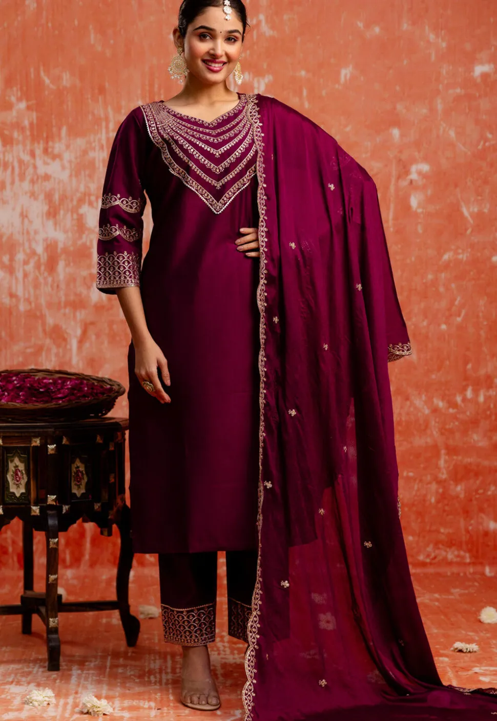 Embroidered Viscose Silk Pakistani Suit in Purple