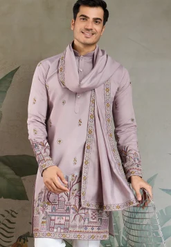 Embroidered Viscose Silk Kurta in Purple