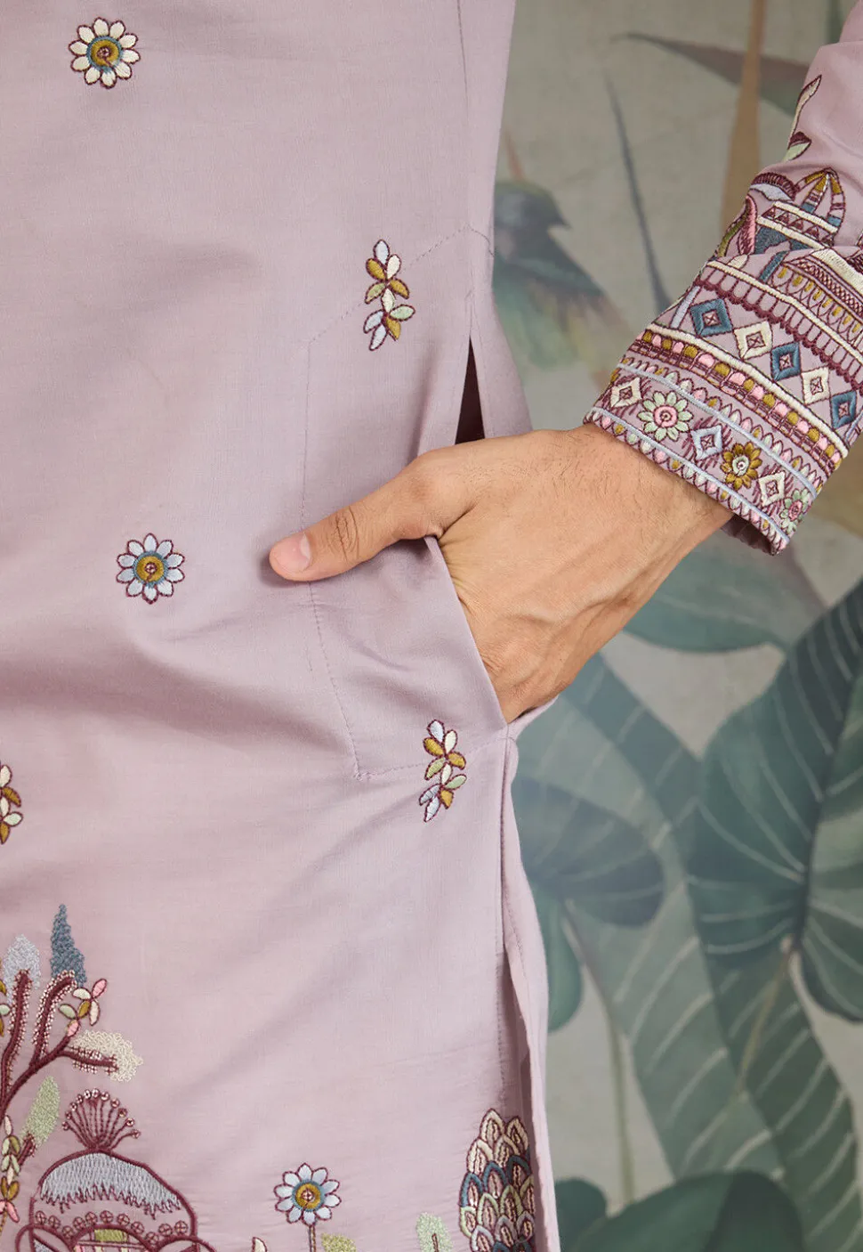 Embroidered Viscose Silk Kurta in Purple
