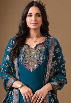 Embroidered Viscose Silk Pakistani Suit in Teal Blue