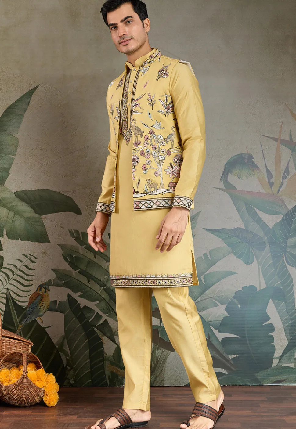 Embroidered Viscose Silk Kurta Set in Yellow
