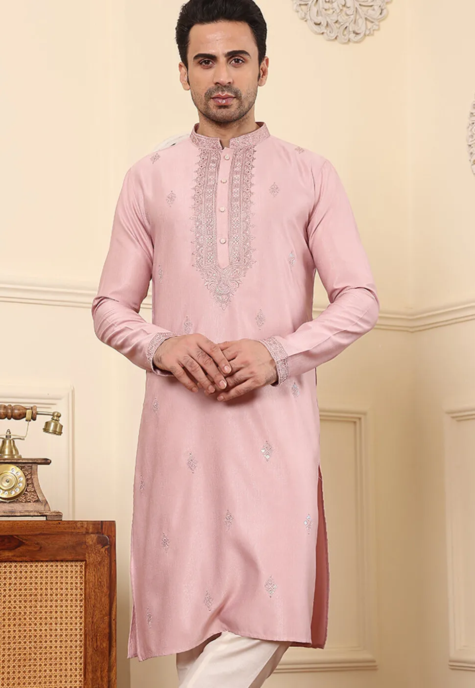 Embroidered Viscose Silk Kurta in Pink