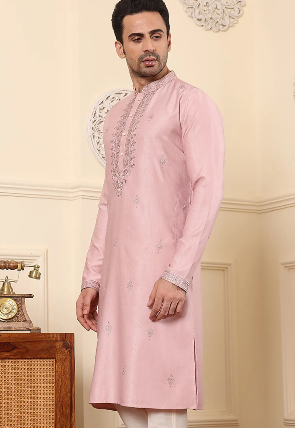 Embroidered Viscose Silk Kurta in Pink