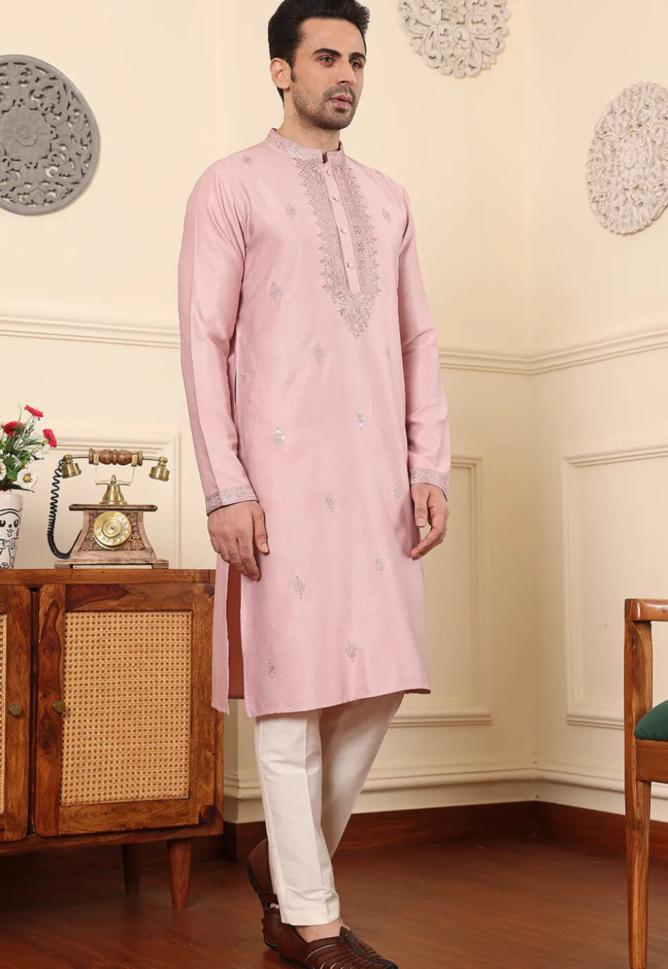 Embroidered Viscose Silk Kurta in Pink