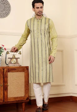 Embroidered Viscose Silk Kurta Set in Light Green