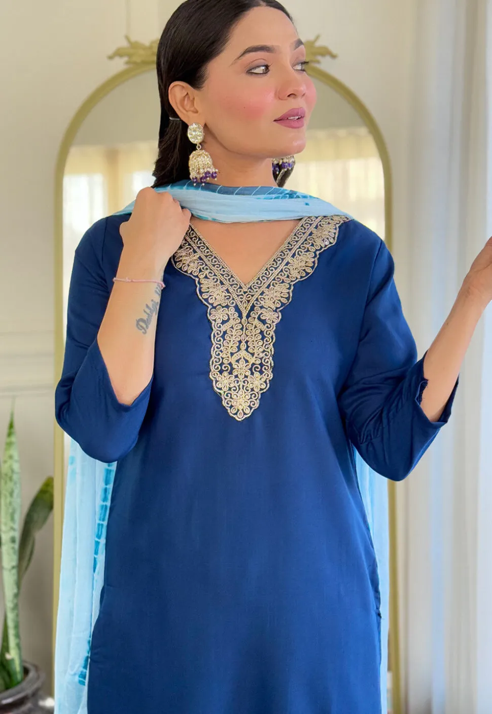 Embroidered Viscose Silk Pakistani Suit in Dark Blue