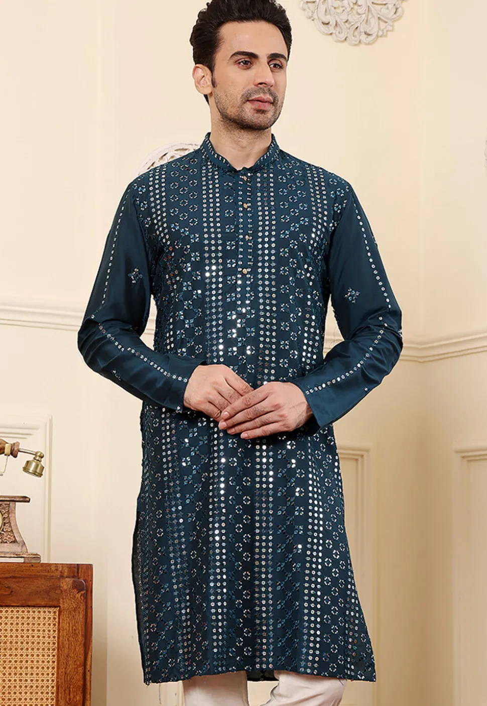 Embroidered Viscose Silk Kurta in Teal Blue