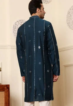Embroidered Viscose Silk Kurta in Teal Blue