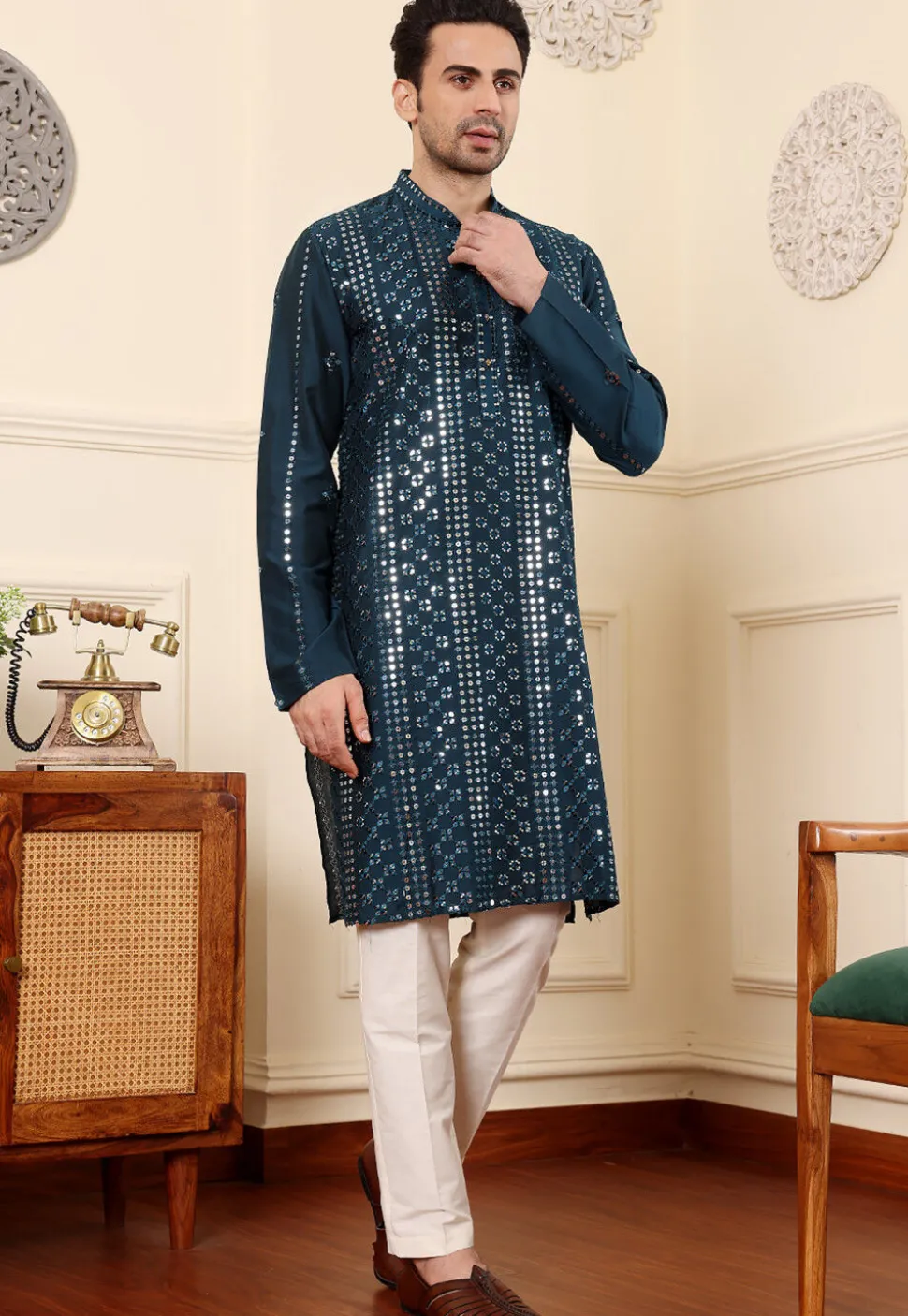 Embroidered Viscose Silk Kurta in Teal Blue