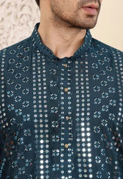 Embroidered Viscose Silk Kurta in Teal Blue