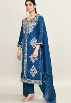 Embroidered Viscose Silk Pakistani Suit in Teal Blue