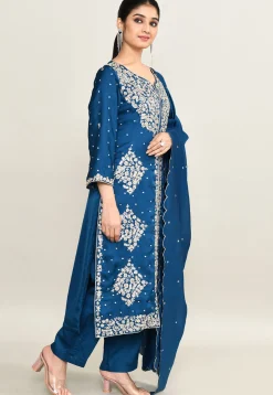 Embroidered Viscose Silk Pakistani Suit in Teal Blue