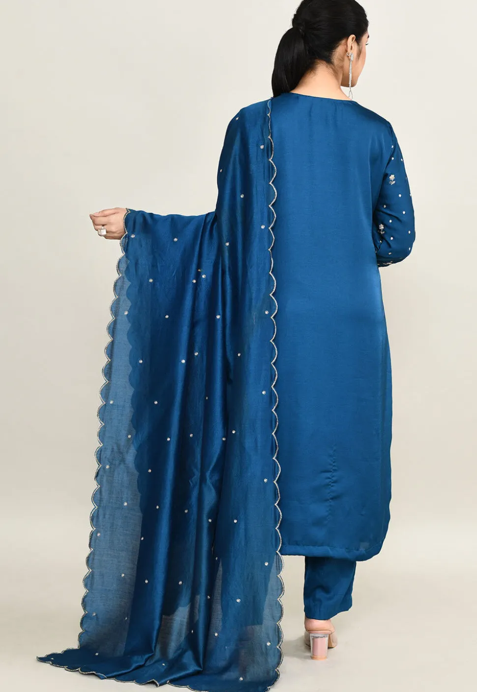 Embroidered Viscose Silk Pakistani Suit in Teal Blue