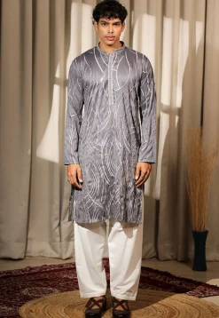 Embroidered Viscose Silk Kurta Set in Grey