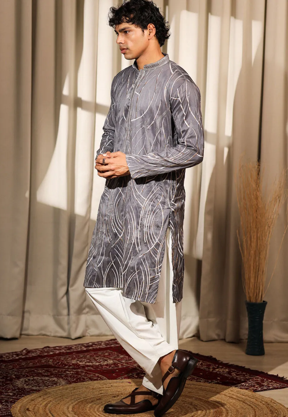 Embroidered Viscose Silk Kurta Set in Grey