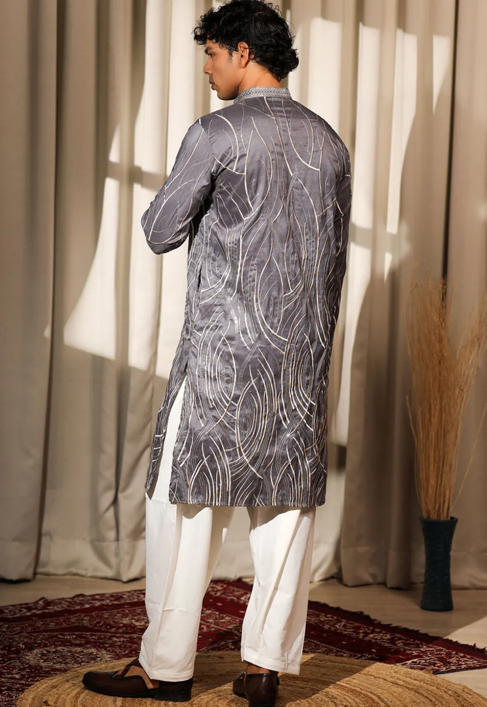 Embroidered Viscose Silk Kurta Set in Grey