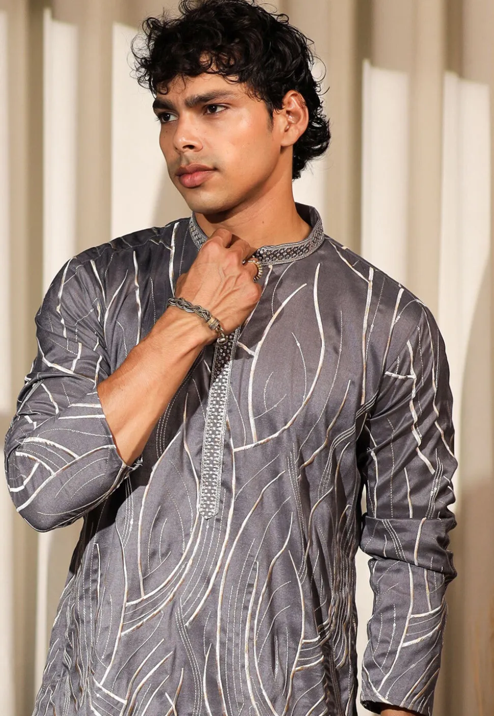 Embroidered Viscose Silk Kurta Set in Grey
