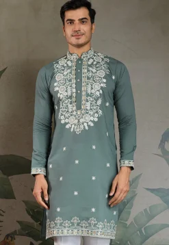 Embroidered Viscose Silk Kurta in Dusty Green