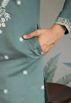 Embroidered Viscose Silk Kurta in Dusty Green