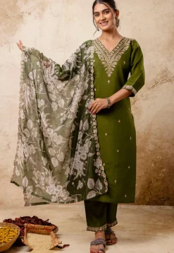 Embroidered Viscose Silk Pakistani Suit in Olive Green