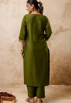 Embroidered Viscose Silk Pakistani Suit in Olive Green