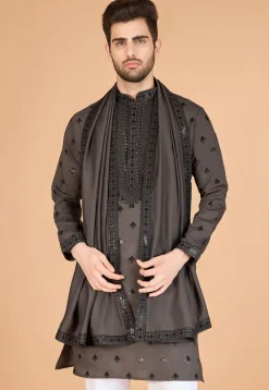 Embroidered Viscose Silk Kurta in Grey