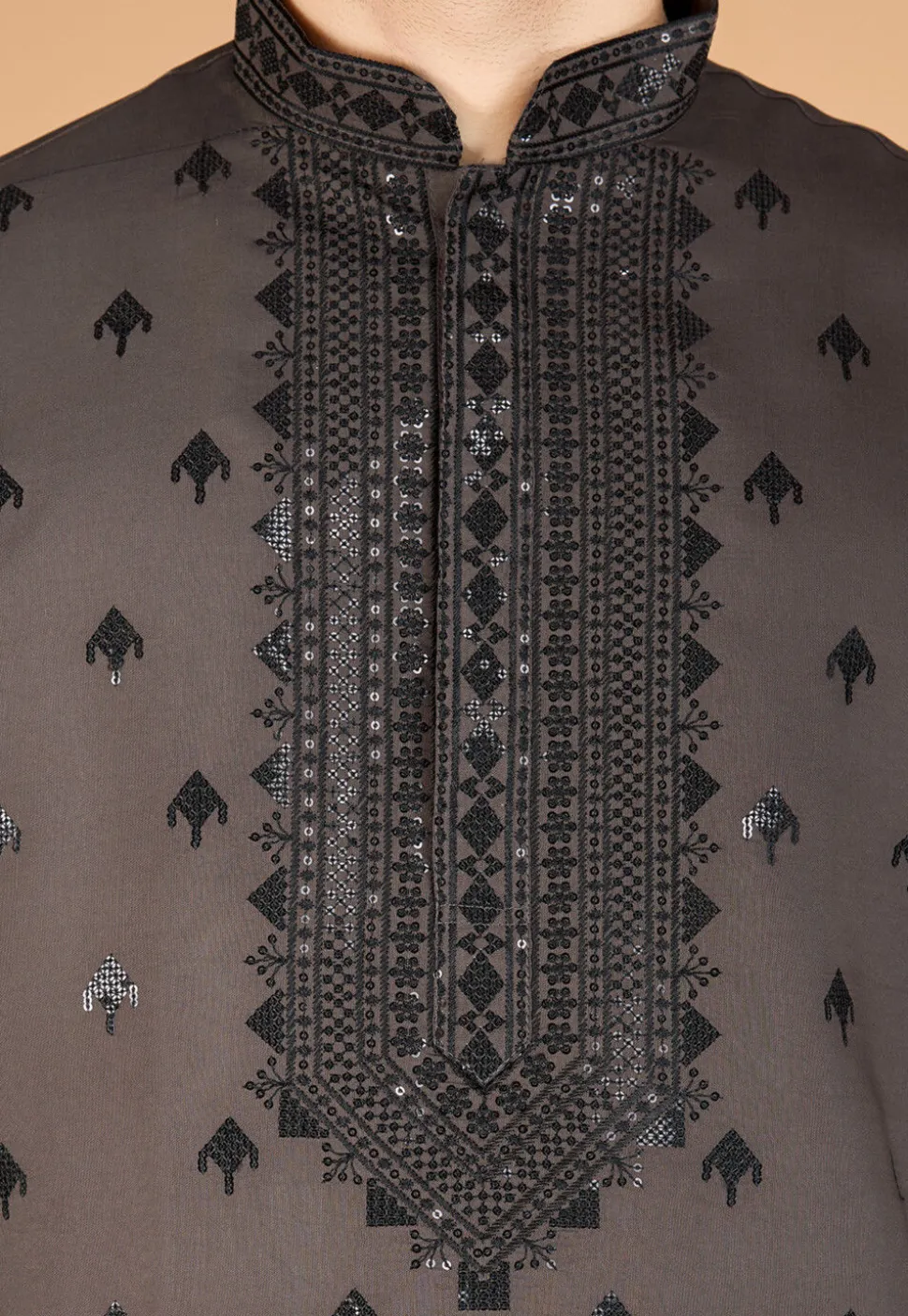Embroidered Viscose Silk Kurta in Grey