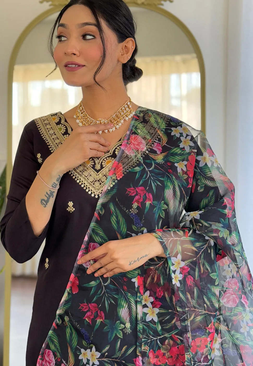 Embroidered Viscose Silk Pakistani Suit in Black