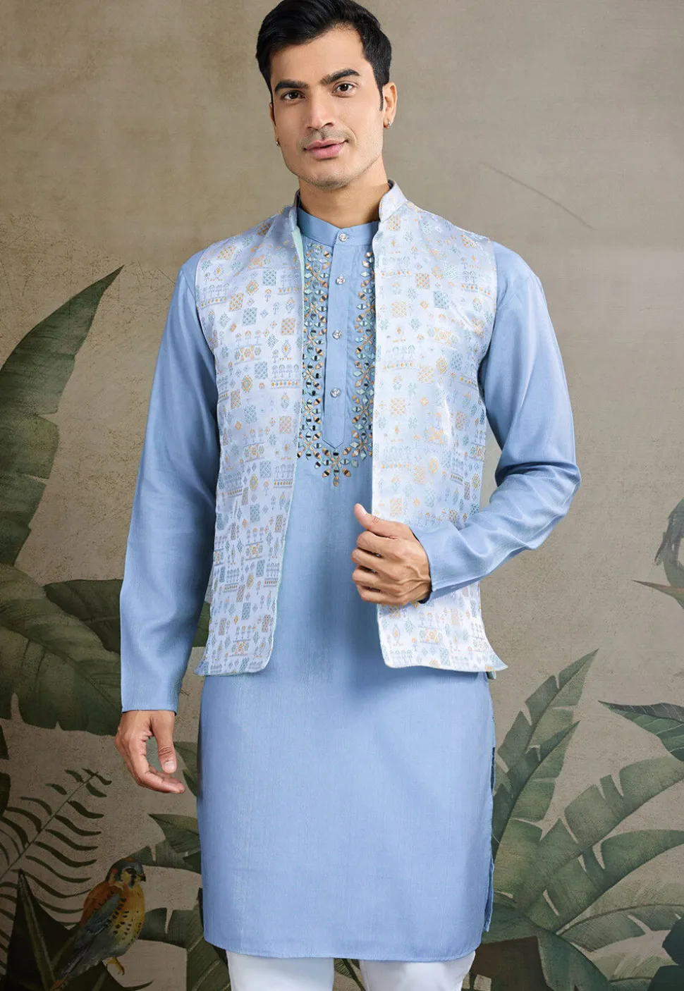 Embroidered Viscose Silk Kurta in Blue