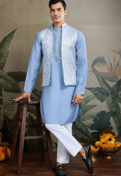 Embroidered Viscose Silk Kurta in Blue